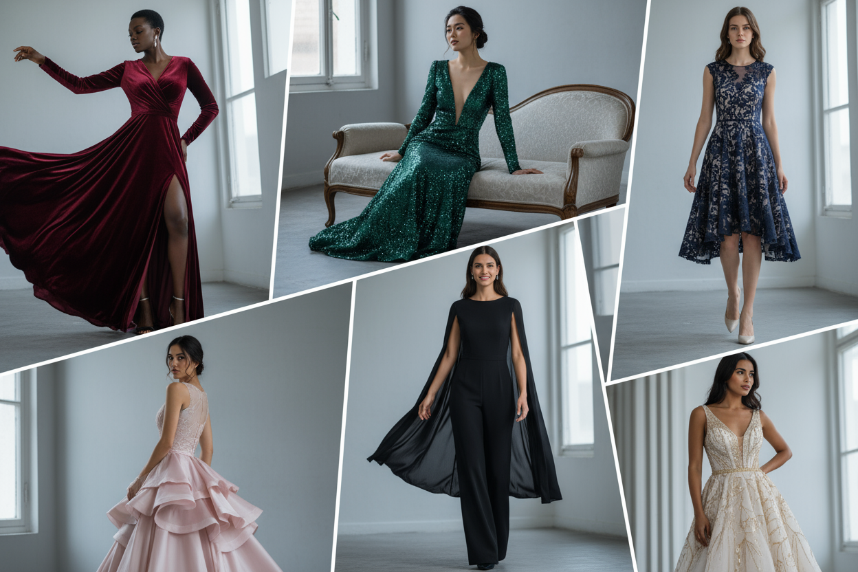 Un collage de modelos mujeres con vestidos elegantes de y moda, puedes buscar en el perfil https://www.instagram.com/_majaxi/ de instagram